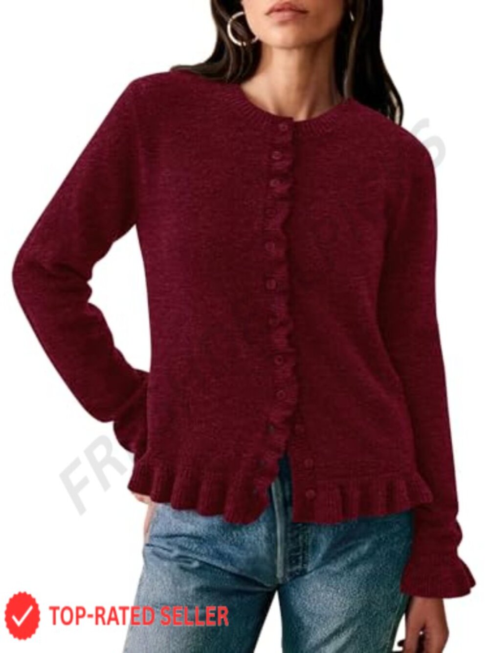 Ruffle Button Down Cropped Cardigan Chunky Knit Sweater